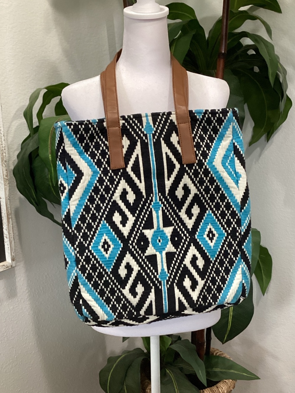 lovestitch Turquoise Black White Geometric Tote with Brown Handles